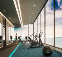 Posilovna s výhledem na moře při výstavbě bytů s moderním zařízením.