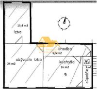 Půdorys 3pokojového bytu se samostatnou kuchyní a chodbou; v obývacím pokoji 24 m².