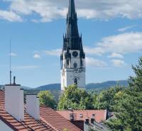 Spišská Nová Ves, pohled na kostel z Hviezdoslavovy ulice, obklopený zelení a střechami.