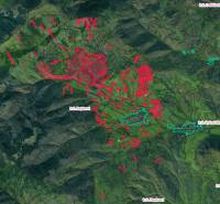 Letecká mapa s vyznačenými zemědělskými a lesními pozemky v katastrálním území Rejdová.