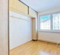 Světlý pokoj s dřevěnou podlahou a vestavěnou skříní ve 4pokojovém bytě.