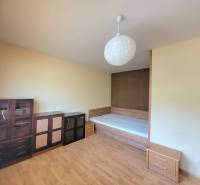 Jednoduchý pokoj s postelí, skříňkami a dřevěnou podlahou v 1-pokojovém bytě.