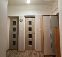 Chodba v rodinném domě s laminátovou podlahou, skříní a světlem na stropě.