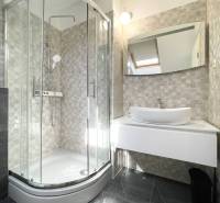 Koupelna v rekreačním apartmánu s moderním sprchovým koutem a umyvadlem.