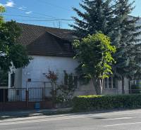 Rodinný dům v Lučenci obklopený stromy a živým plotem, s přístupem z hlavní ulice.