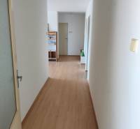 Chodba s dřevěnou podlahou a bílými stěnami vedoucí ke dveřím v rodinném domě.