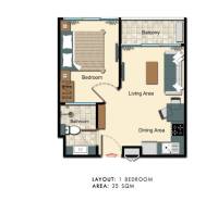 Půdorys 2-pokojového bytu s balkonem, obývacím prostorem a jídelnou, 35 m².