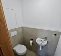Koupelna s toaletou, umyvadlem a držákem na toaletní papír ve 3-pokojovém bytě.