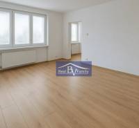 Prostorná místnost s dřevěnou podlahou a velkými okny ve 2pokojovém bytě.