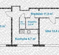 Půdorys 2-pokojového bytu se dvěma pokoji, kuchyní, předsíní, koupelnou a WC.