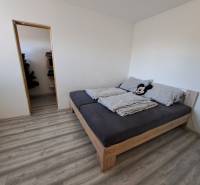 Ložnice rodinného domu s postelí, vínovou podlahou a vchodem do komory.