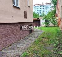 Úzký chodník u rodinného domu v Lučenci s trávou a zelení.