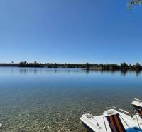 Jezero s vodními šlapadly v Bratislavě - Vajnorech, obklopené zelení a jasnou oblohou.