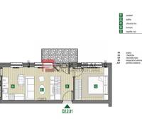 Půdorys 2-pokojového bytu s rozlohou 40,07 m², Limbašská cesta. Ložnice, obývací pokoj, kuchyně.