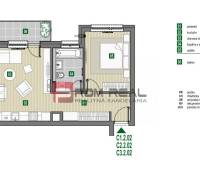 Půdorys 2-pokojového bytu 49,71 m², sestává z kuchyně, obývacího pokoje, ložnice, balkonu.