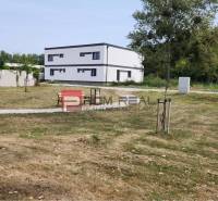 Rodinný dům v Dunajské Stredě s velkým travnatým pozemkem a dřevinami na okraji.