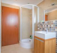 Koupelna v rekreačním apartmánu se sprchovým koutem a čtvercovým umyvadlem.