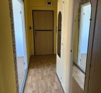 Chodba s vestavěnou skříní v 1-pokojovém bytě, laminátová podlaha, žluté stěny.