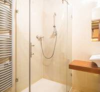Sprchový kout a umyvadlo v koupelně Rekreačního apartmánu.