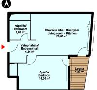 Půdorys 2-pokojového bytu s obývacím pokojem a kuchyní, ložnicí, koupelnou a lodžií.