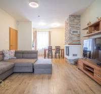 Obývací pokoj v rekreačním apartmánu s krbem a pohodlnou sedačkou.