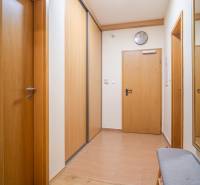 Chodba s dřevěnými dveřmi a úložným prostorem v rekreačním apartmánu.
