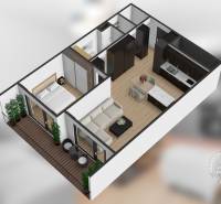 3D půdorys 2pokojového bytu s balkonem, kuchyní, obývacím pokojem a ložnicí.