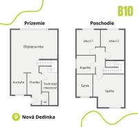Půdorys rodinného domu s přízemím a patrem, místnosti rozdělené na pokoje a kuchyň.