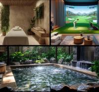 Wellness místnost, golfový simulátor a jacuzzi v rámci výstavby bytů.