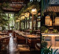 Luxusní interiér restaurace s dřevěnými stoly, židlemi a rostlinami. Výstavba bytů.