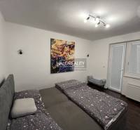 Ložnice s postelí a obrazem, přes okno vstup do zahrady, Rodinný dům.