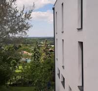 Bílá fasáda vily v Hainburgu an der Donau s výhledem na zahradu a stromy.