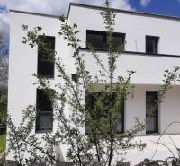 Vila v Hainburgu an der Donau s minimalistickou fasádou a okolím plným zeleně.