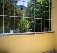 Malý balkon s výhledem na zeleň a dřevěné prvky v 3-pokojovém bytě.