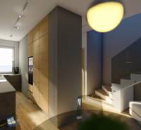 Kuchyně ve 4-pokojovém bytě s dřevěným nábytkem, schodištěm a moderním zařízením.