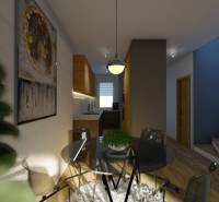 Jídelní stůl se židlemi, schodiště a kuchyň ve 4-pokojovém bytě.