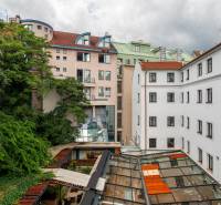 Pohled na budovy a vegetaci ve dvoře na Baštové ulici, Bratislava - Staré Město.