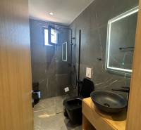Koupelna rekreačního apartmánu se sprchovým koutem, černým umyvadlem a osvětleným zrcadlem.