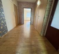 Chodba 3pokojového bytu s laminátovou podlahou a květinovou tapetou.