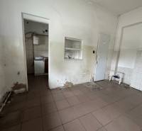 Interiér budovy s poškozenými stěnami a dlaždicemi, vhodný k rekonstrukci.