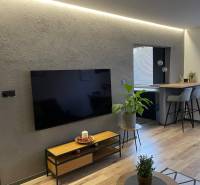 Obývací pokoj v 3-pokojovém bytě s moderní TV, rostlinami a barovým pultem s vysokými stoličkami.