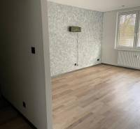 Prázdná místnost v 3-pokojovém bytě s dřevěnou podlahou a strukturální stěnou.