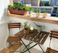 Balkon v 3-pokojovém bytě s rostlinami, stolkem a výhledem na Belinského ulici v Petržalce.