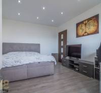 Ložnice v třípokojovém bytě s postelí, televizorem a mapou na stěně.