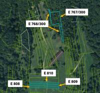 Katastrální mapa zemědělských a lesních pozemků v oblasti Omastiná s označením parcel.