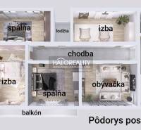 Půdorys patra rodinného domu s balkonem a lodžií, zobrazující pokoje a chodbu.