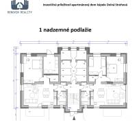 Půdorys prvního nadzemního podlaží apartmánového domu pro Hotely a penziony.