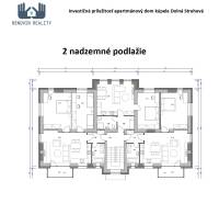 Půdorys druhého nadzemního podlaží apartmánového domu v Hotelech a penzionech.