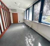 Kanceláře se skleněnou stěnou a žaluziemi zajišťujícími světlo a soukromí.