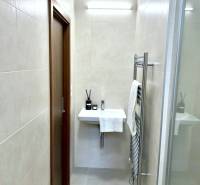 Koupelna s umyvadlem a osvětlením v 2-pokojovém bytě, s minimalistickým designem.